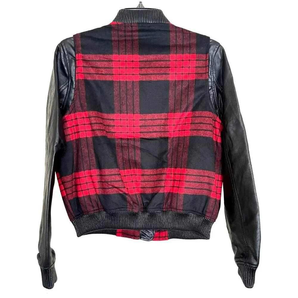 Blank NYC Plaid Bomber Jacket Faux Leather Sleeves Small NEW